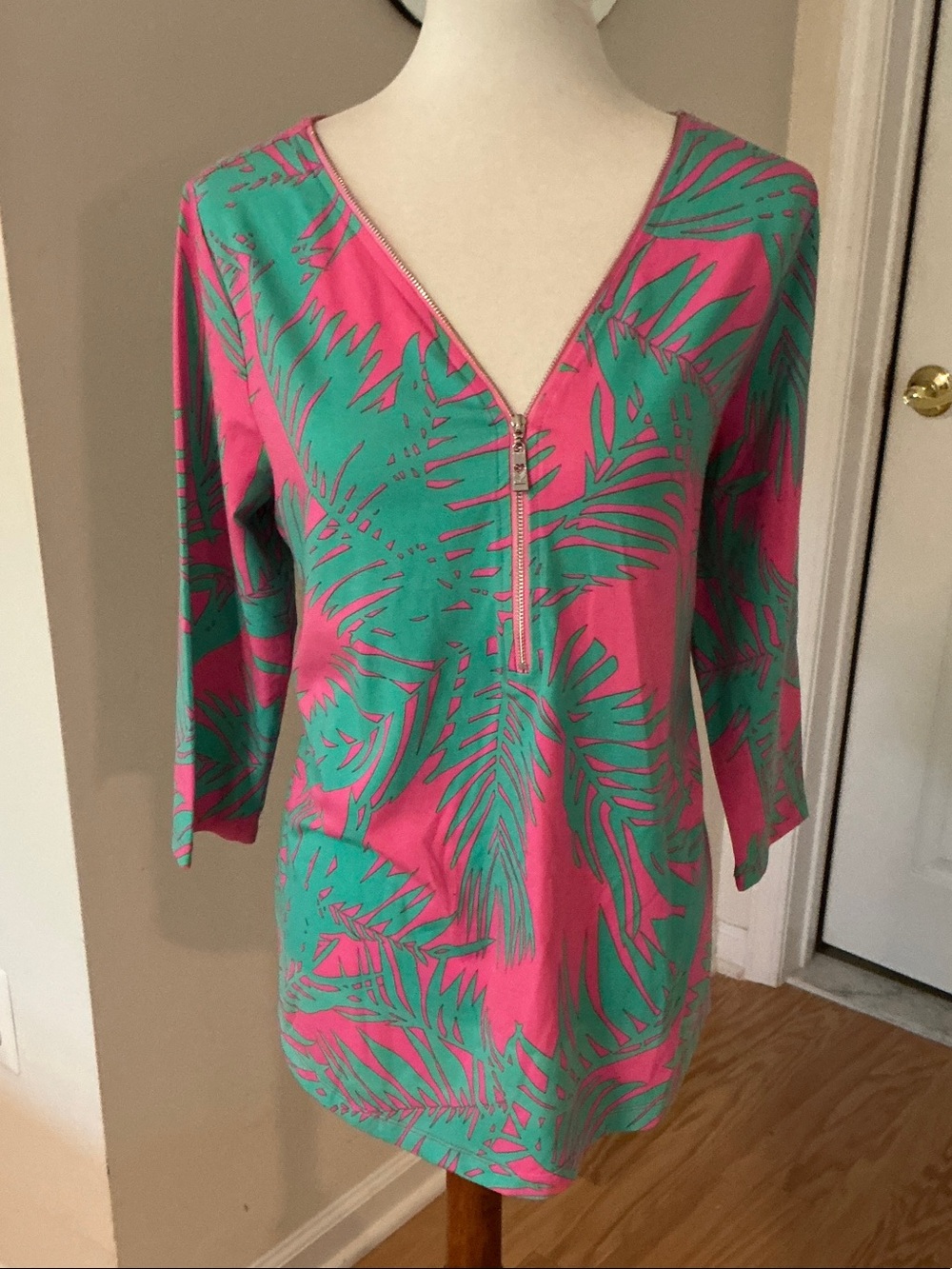 Belle by Kim Gravel Pink & Teal Tropical Zip-Front Swim Coverup